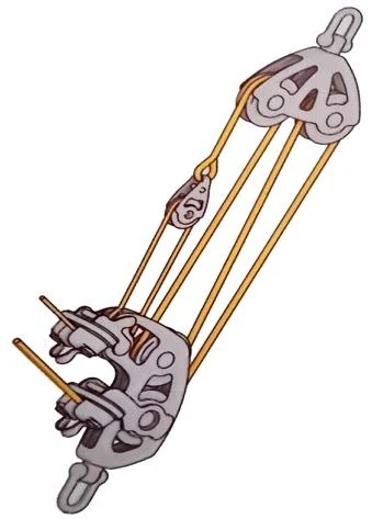 Figura ufficiale della domanda (ATTREZZATURA DELLE UNITA' A VELA): Quello rappresentato in figura è un paranco doppio con il rapporto più favorevole, il cosiddetto "fino" di 8:1.