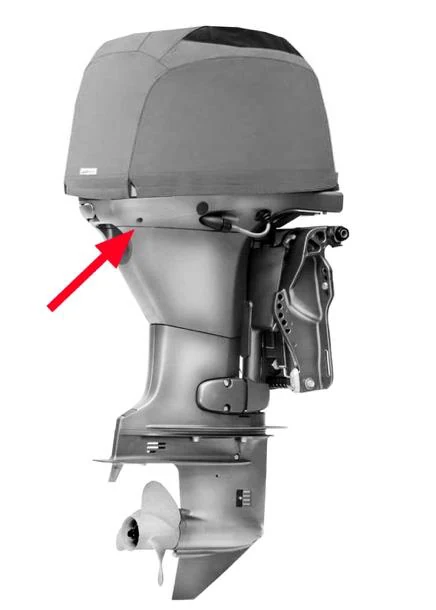 Figura ufficiale della domanda (Elementi di funzionamento dei sistemi di propulsione a motore): Quale parte del motore fuoribordo in figura indica le freccia?