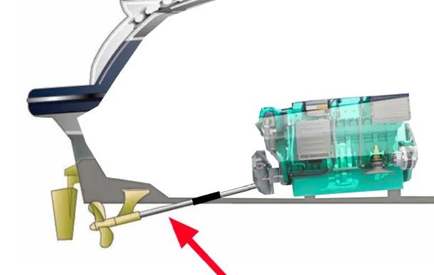 Figura ufficiale della domanda (Elementi di funzionamento dei sistemi di propulsione a motore): Quale parte degli organi di trasmissione di un motore entro bordo è indicata dalla freccia?
